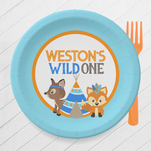 Baby Blue Personalised Woodland Camper Birthday Paper Plate