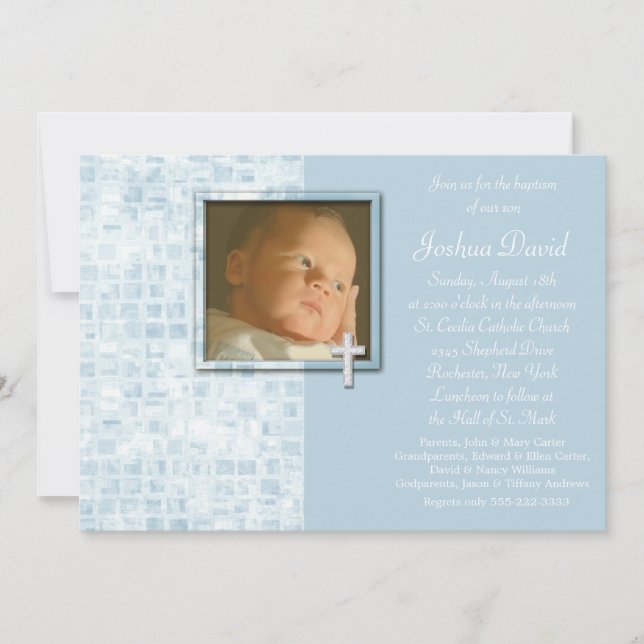 Baby Blue Photo Christening Invitations (Front)
