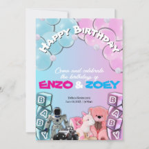 Baby Blue & Pink Cute Twin Birthday Invitation