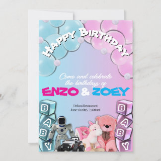 Baby Blue & Pink Cute Twin Birthday Invitation