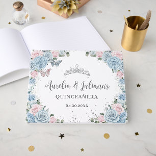 Baby Blue Pink Floral Butterflies Twin Quinceañera Guest Book