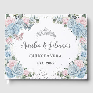 Baby Blue Pink Floral Butterflies Twin Quinceañera Guest Book