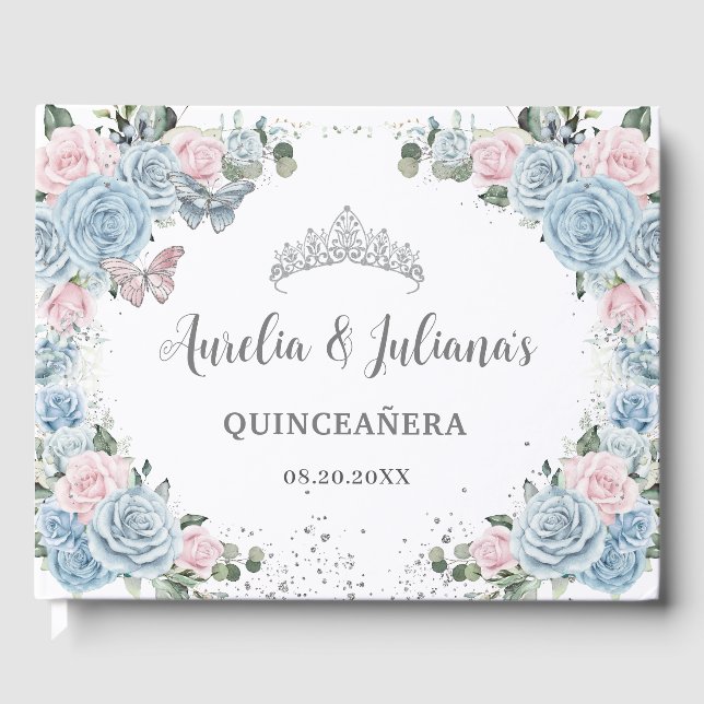 Baby Blue Pink Floral Butterflies Twin Quinceañera Guest Book (Front)