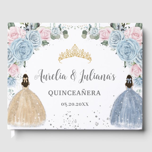 Baby Blue Pink Floral Princesses Twins Quinceañera Guest Book (Front)