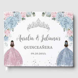 Baby Blue Pink Floral Princesses Twins Quinceañera Guest Book