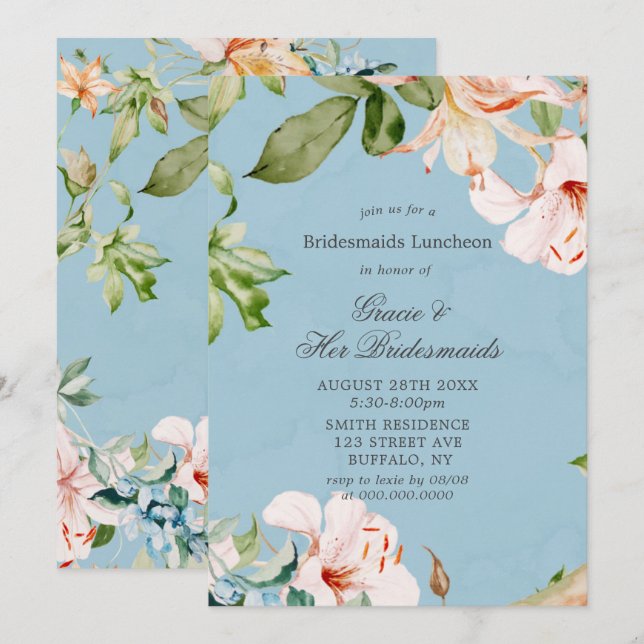Baby Blue Pink Lily Bridesmaids Luncheon Invites (Front/Back)