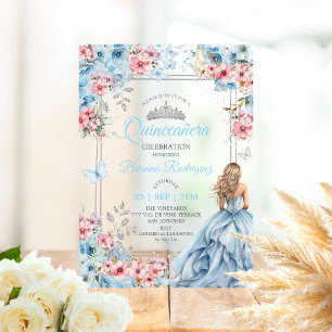 Baby Blue Pink Silver Floral Butterfly Quinceañera Acrylic Invitations