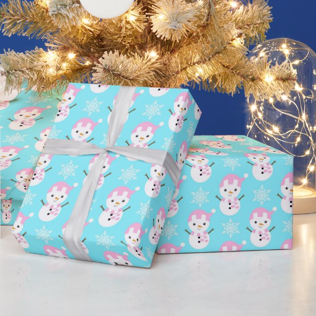 Baby Blue, Pink & White Christmas Snowman Wrapping Paper (Holidays)