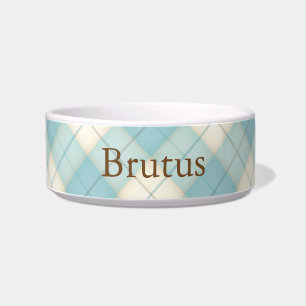 Baby Blue Plaid Tartan Personalised Cat or Dog Bowl