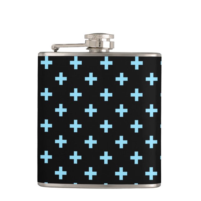 Baby blue polka crosses on black hip flask (Front)