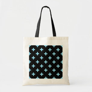 Baby blue polka crosses on black tote bag