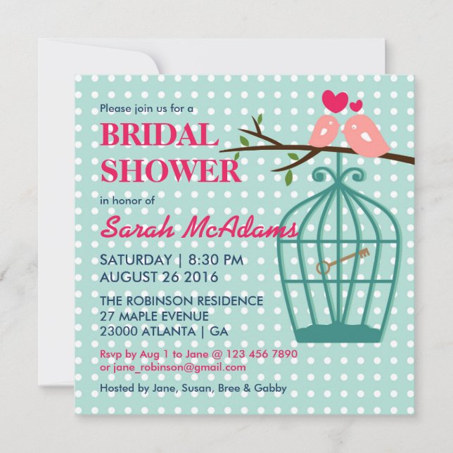 Baby Blue Polka Dots Birdcage Lovebirds Invitation (Front)