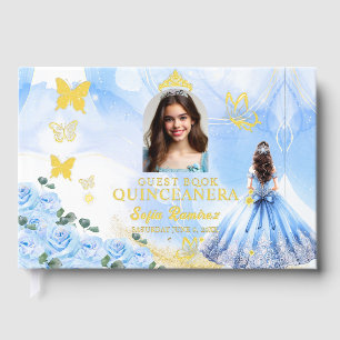 Baby Blue Princess Photo Gold Foil Quinceañera Guest Book
