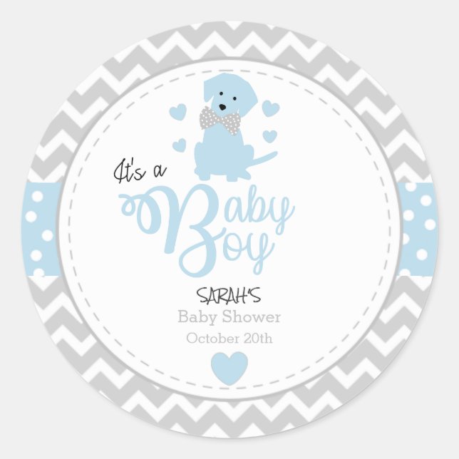 Baby Blue Puppy Baby Shower Stickers (Front)