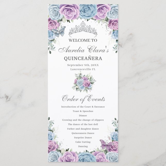 Baby Blue Purple Floral Quinceañera Order Events Programme (Front)