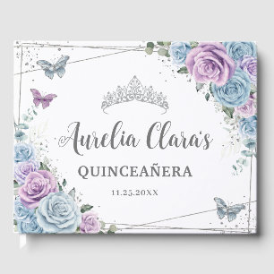 Baby Blue Purple Lilac Floral Silver Quinceañera Guest Book