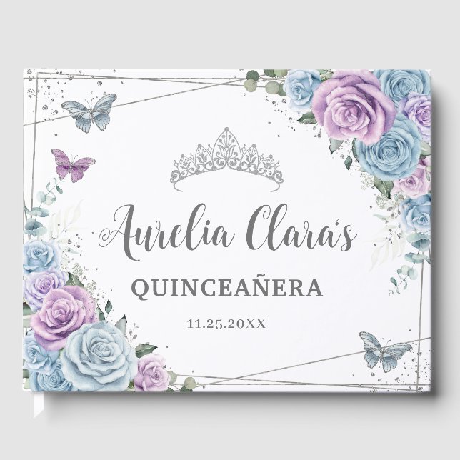 Baby Blue Purple Lilac Floral Silver Quinceañera Guest Book (Front)