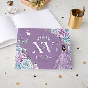 Baby Blue Purple Lilac Floral Silver Quinceañera Guest Book