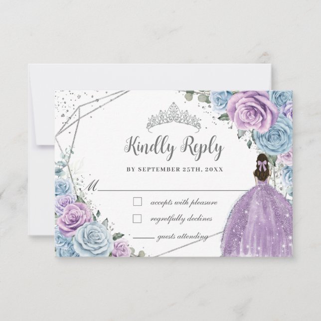 Baby Blue Purple Lilac Floral Silver Quinceañera RSVP Card (Front)