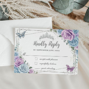 Baby Blue Purple Lilac Floral Silver Quinceañera RSVP Card