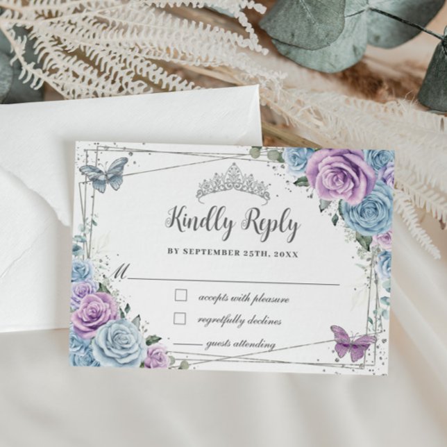 Baby Blue Purple Lilac Floral Silver Quinceañera RSVP Card (Creator Uploaded)
