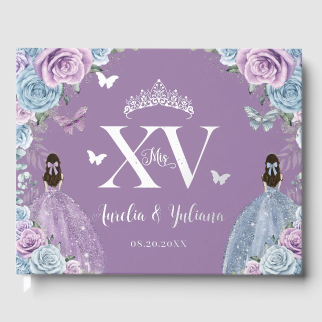 Baby Blue Purple Lilac Floral Twins Quinceañera Guest Book (Front)