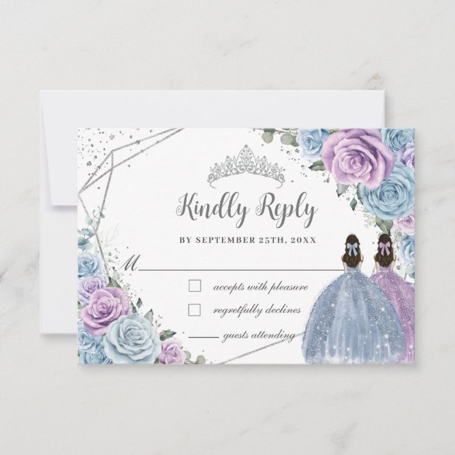 Baby Blue Purple Lilac Floral Twins Quinceañera RSVP Card (Front)