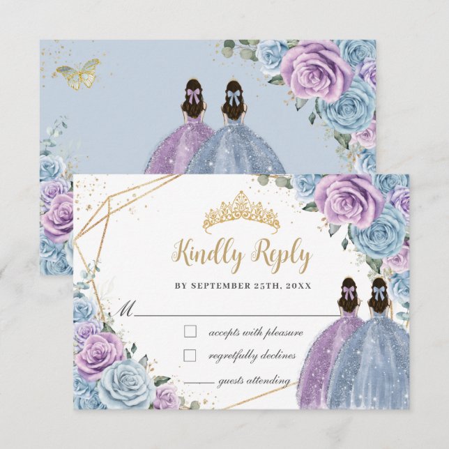 Baby Blue Purple Lilac Floral Twins Quinceañera RSVP Card (Front/Back)