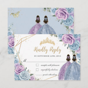 Baby Blue Purple Lilac Floral Twins Quinceañera RSVP Card