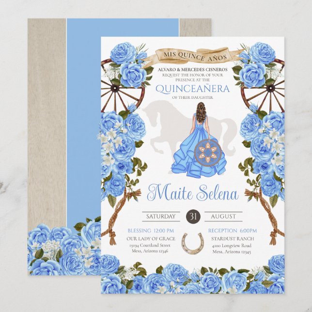 Baby Blue Quinceanera Elegant Rose Western Charra Invitation (Front/Back)