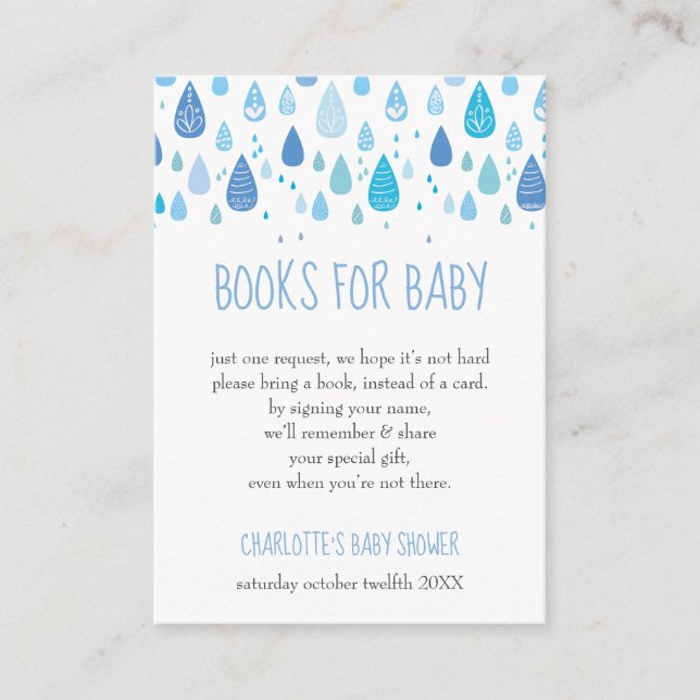 Baby Blue Raindrops Book Request Baby Shower Enclosure Card (Front)