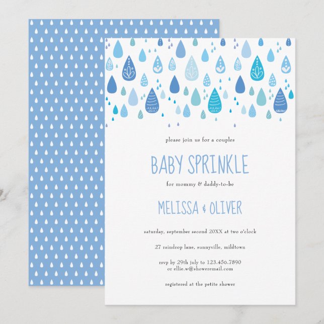 Baby blue raindrops couples baby sprinkle invitation (Front/Back)