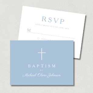 Baby Blue Religious Cross Boy Baptism  RSVP Card