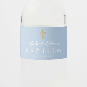 Baby Blue Religious Cross Boy Baptism Water Bottle Label