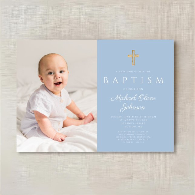Baby Blue Religious Cross Boy Photo Baptism Invitation (Baby Blue Religious Cross Boy Photo Baptism Invitation)