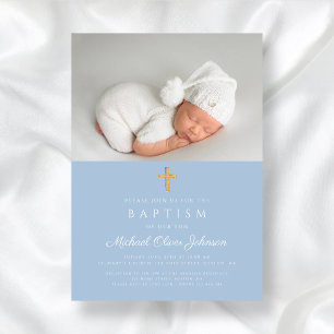 Baby Blue Religious Cross Boy Photo Baptism Invitation