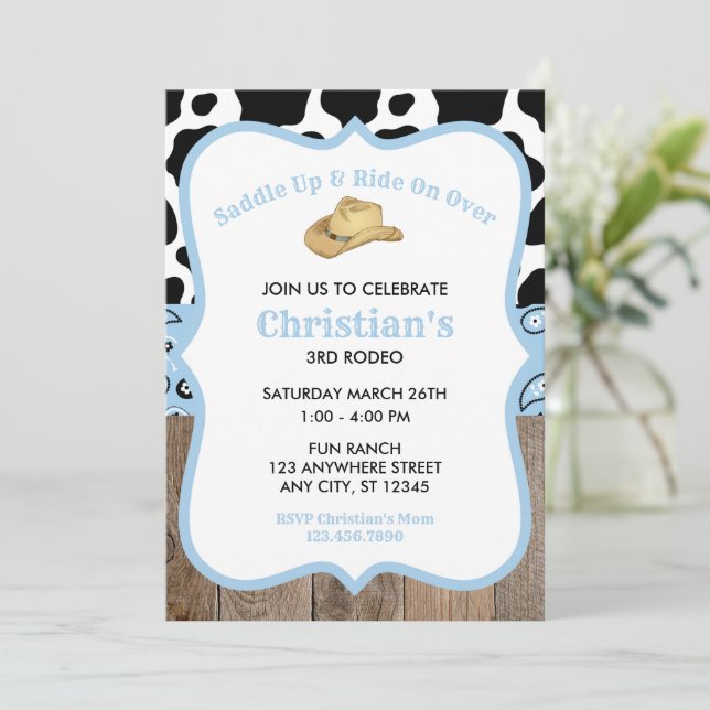 Baby Blue Rodeo Wild West Cowboy Birthday Invitation (Standing Front)