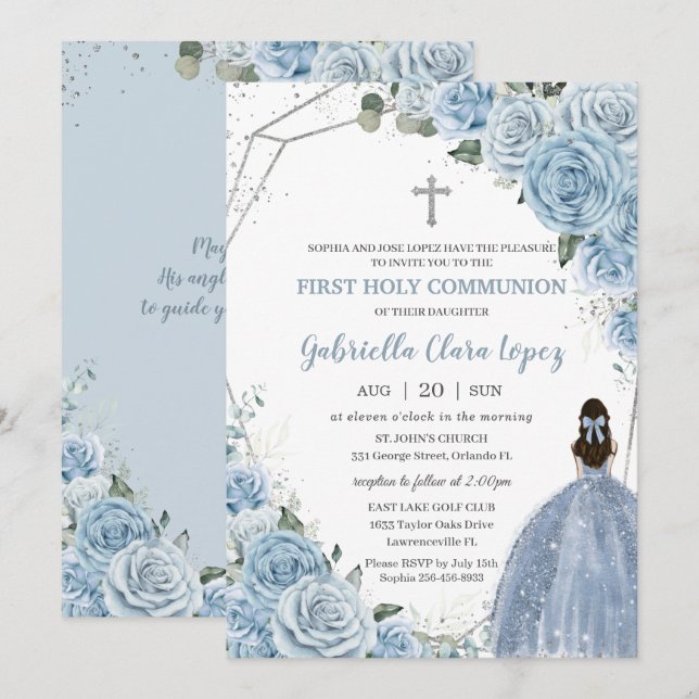 Baby Blue Rose Flowers Girl First Holy Communion  Invitation (Front/Back)