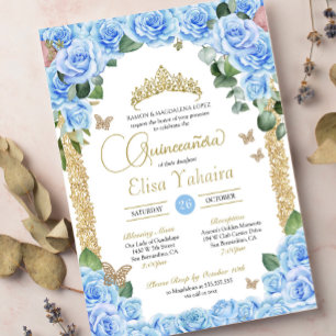 Baby Blue Roses & Butterfly Quinceanera Invitation