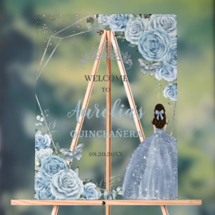 Baby Blue Roses Floral Quinceañera Crown Welcome Acrylic Sign
