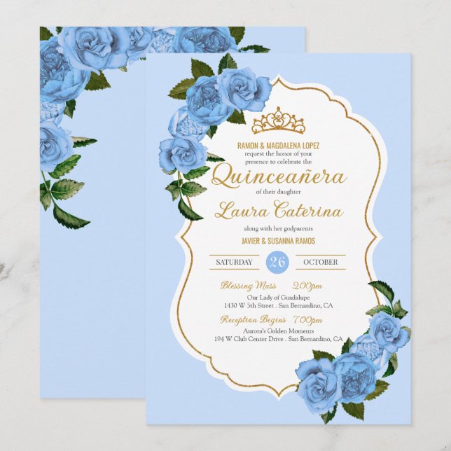 Baby Blue Roses White and Gold Elegant Quinceanera Invitation (Front/Back)