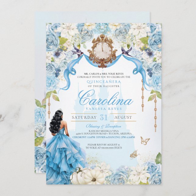 Baby Blue Royal Princess Cinderella Quinceañera Invitation (Front/Back)