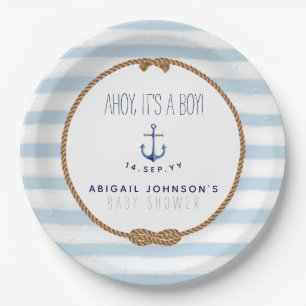 Baby Blue Rustic Nautical Ahoy Boy Baby Shower Paper Plate