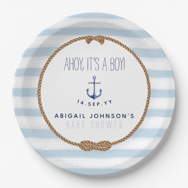 Baby Blue Rustic Nautical Ahoy Boy Baby Shower Paper Plate (Front)