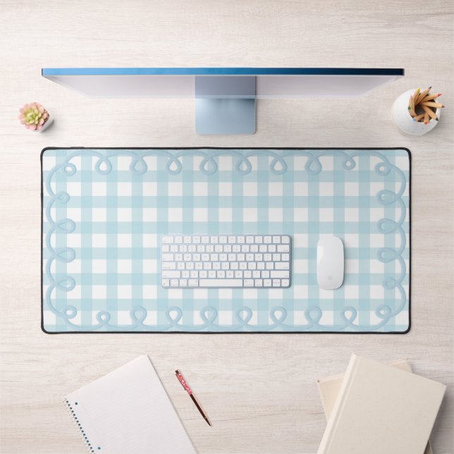 Baby Blue Scalloped Gingham Wavy Border Desk Mat (Office 1)