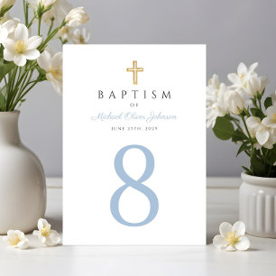 Baby Blue Script Religious Cross Boy Baptism Table Number