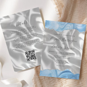 Baby Blue Silver Agate White Silk QR Code Wedding Invitation