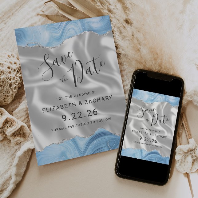 Baby Blue Silver Agate White Silk Save the Date (Creator Uploaded)