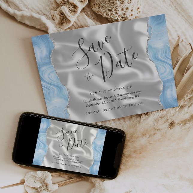 Baby Blue Silver Agate White Silk Save the Date Invitation (Creator Uploaded)