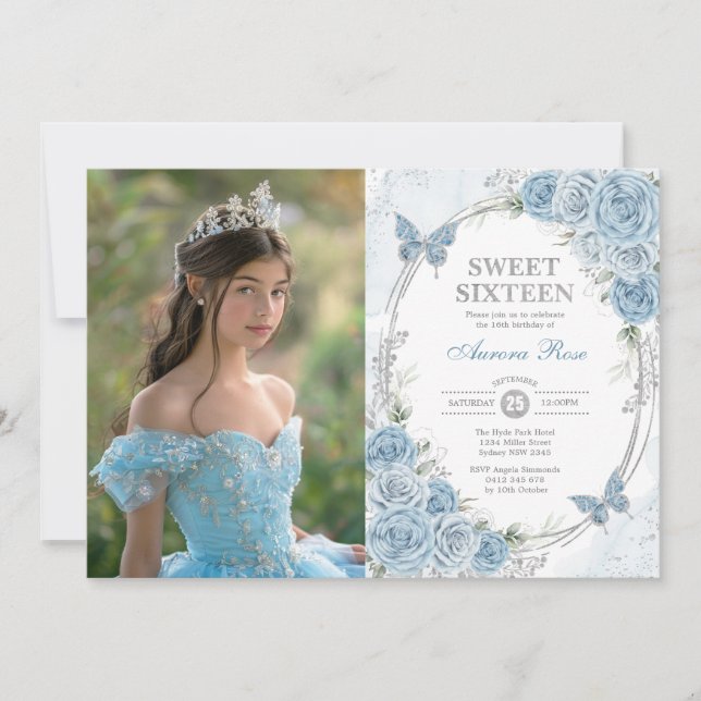 Baby Blue Silver Butterfly Sweet 16 Birthday Photo Invitation (Front)